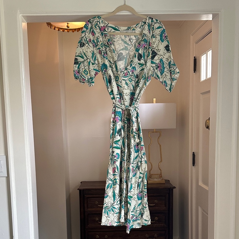 LOFT Floral Midi Dress - Cream and Green